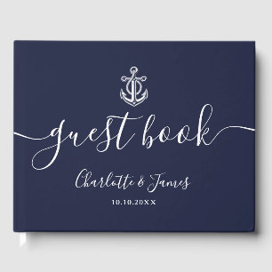 Navy Blue Anchor Script Nautical Wedding Gästebuch
