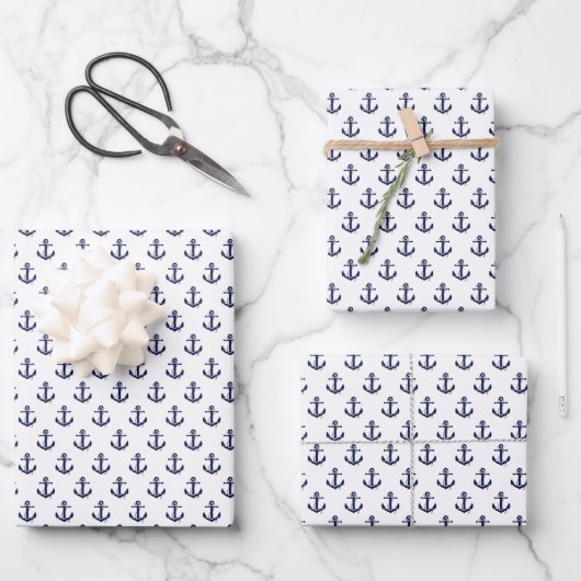 Navy Blue Anchors Wrapping Paper Sheets Geschenkpapier Set (Vorderseite)