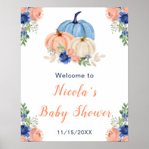 Navy Blue and Blush Floral Pumpkins Baby Dusche Poster