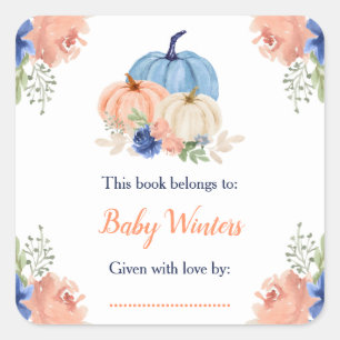 Navy Blue and Blush Floral Pumpkins Baby Dusche Quadratischer Aufkleber