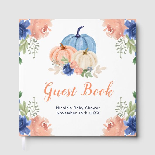 Navy Blue and Blush Floral Pumpkins Baby Shower Gästebuch (Vorderseite)