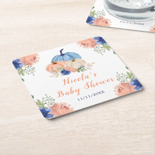 Navy Blue and Blush Floral Pumpkins Baby Shower Rechteckiger Pappuntersetzer (angewinkelt)