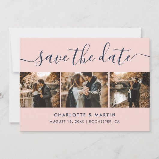 Navy Blue and Blush Modern Script Wedding Foto Save The Date (Vorderseite)
