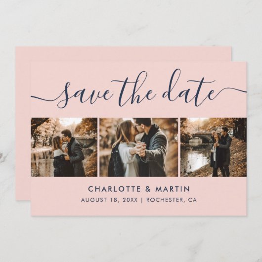 Navy Blue and Blush Modern Script Wedding Foto Save The Date (Vorne/Hinten)
