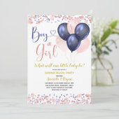 Navy Blue and Blush Pink Balloon Gender Reveal Einladung (Stehend Vorderseite)