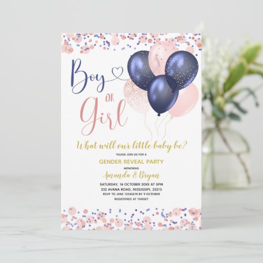Navy Blue and Blush Pink Balloon Gender Reveal Einladung (Stehend Vorderseite)