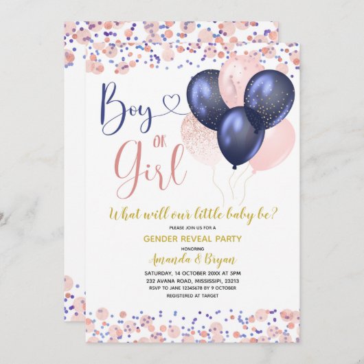 Navy Blue and Blush Pink Balloon Gender Reveal Einladung (Vorne/Hinten)