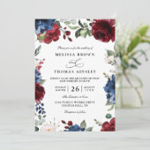 Navy Blue and Burgundy Blush QR Code Wedding Einladung (Stehend Vorderseite)