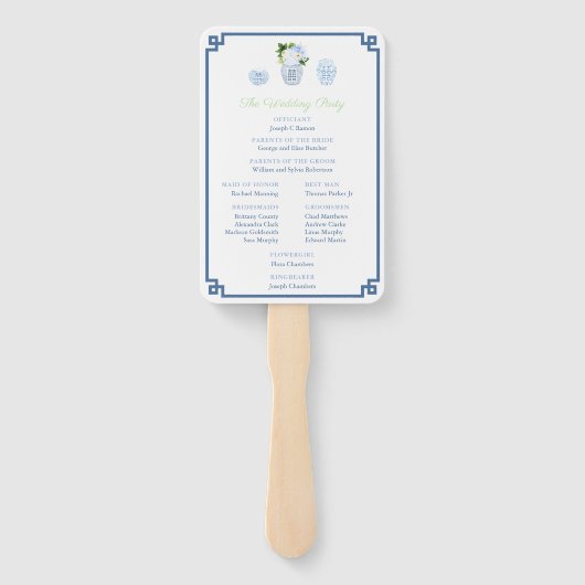 Navy Blue and Chartreuse Chinoiserie Chic Wedding Fächer (Rückseite)