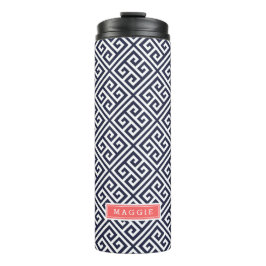 Navy Blue and Coral Greece Key Monogram Thermosbecher
