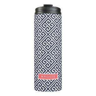Navy Blue and Coral Greece Key Monogram Thermosbecher