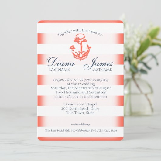 Navy Blue and Coral Stripe Nautical Wedding Einladung (Stehend Vorderseite)