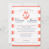 Navy Blue and Coral Stripe Nautical Wedding Einladung (Vorderseite)