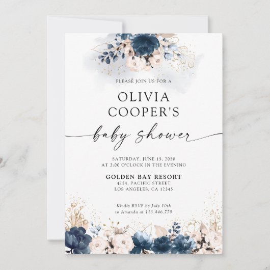 Navy Blue and Dusty Rose Baby Shower Einladung (Vorderseite)