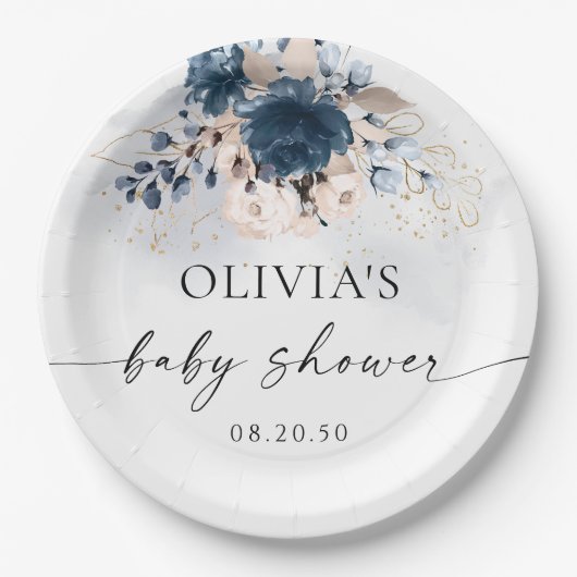 Navy Blue and Dusty Rose Baby Shower Paper Plate Pappteller (Vorderseite)