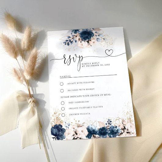 Navy Blue and Dusty Rose Wedding RSVP Card Karte