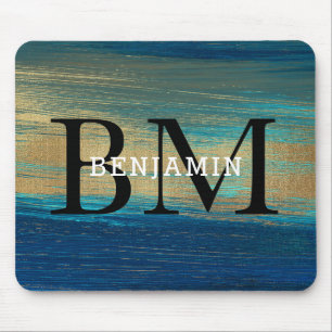 Navy Blue And Gold Abstract Monogram Men's Mousepad