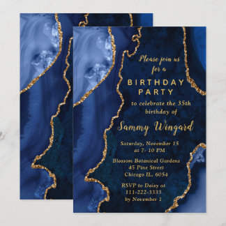 Navy Blue and Gold Agate Marble Birthday Party Einladung