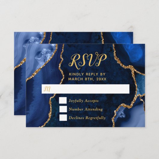 Navy Blue and Gold Agate Marble RSVP Karte (Vorne/Hinten)