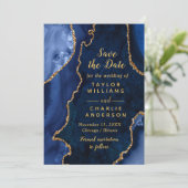 Navy Blue and Gold Agate Marble Save The Date Einladung (Stehend Vorderseite)