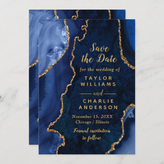 Navy Blue and Gold Agate Marble Save The Date Einladung