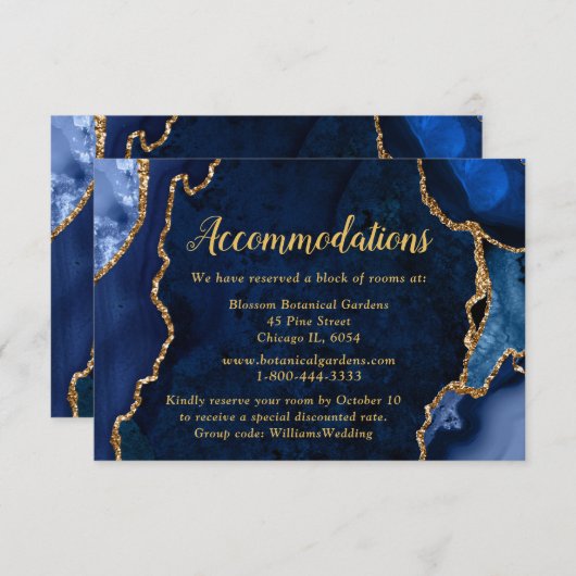Navy Blue and Gold Agate Wedding Accommodations Begleitkarte (Vorne/Hinten)