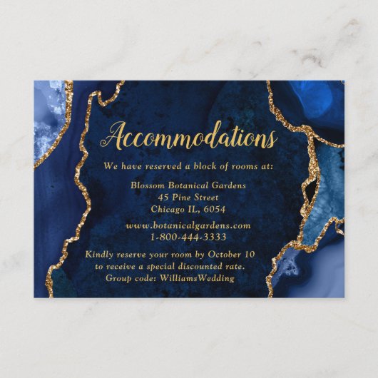 Navy Blue and Gold Agate Wedding Accommodations Begleitkarte (Vorderseite)