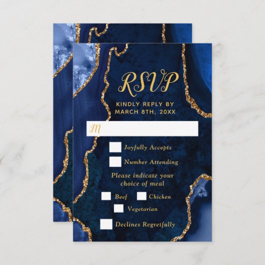 Navy Blue and Gold Agate Wedding Meal Choice RSVP Karte (Vorne/Hinten)