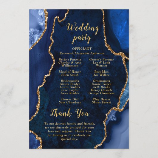 Navy Blue and Gold Agate Wedding Program Programm (Rückseite)