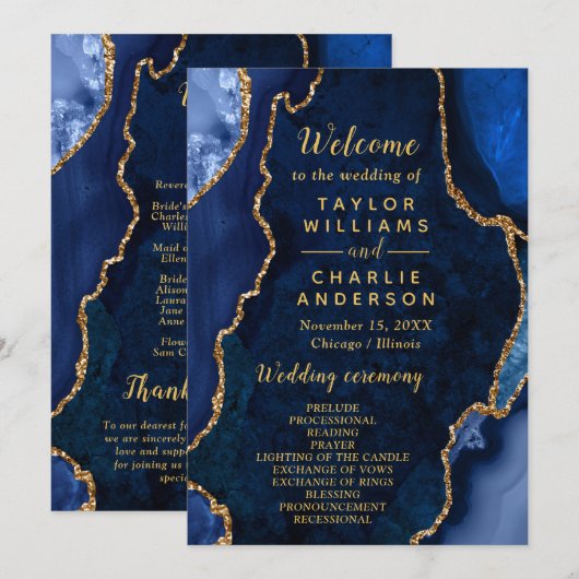 Navy Blue and Gold Agate Wedding Program Programm (Vorne/Hinten)