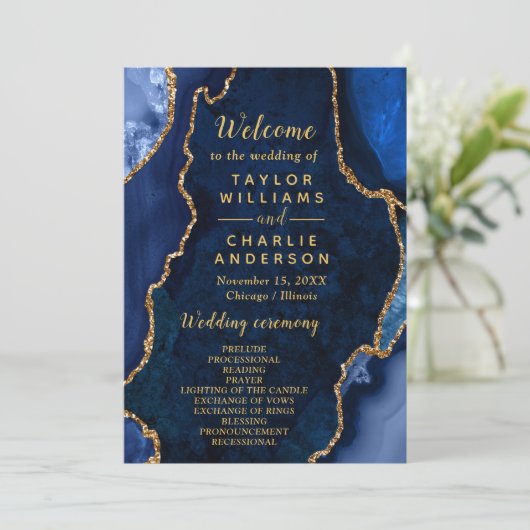 Navy Blue and Gold Agate Wedding Program Programm (Stehend Vorderseite)