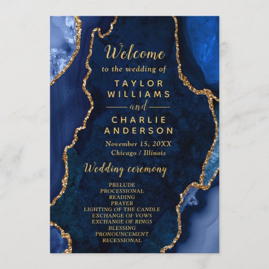 Navy Blue and Gold Agate Wedding Program Programm (Vorderseite)