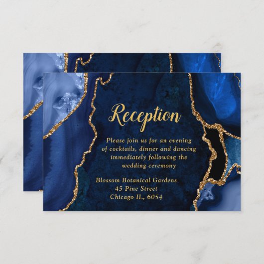 Navy Blue and Gold Agate Wedding Reception Begleitkarte (Vorne/Hinten)