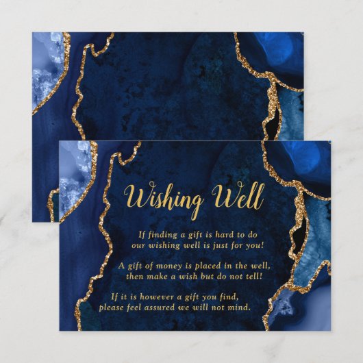 Navy Blue and Gold Agate Wedding Wishing Well Begleitkarte (Vorne/Hinten)