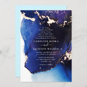 Navy Blue and Gold Alcohol Ink Wedding Einladung