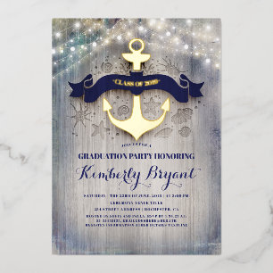 Navy Blue and Gold Anchor Rustic Beach Abschluss Folieneinladung