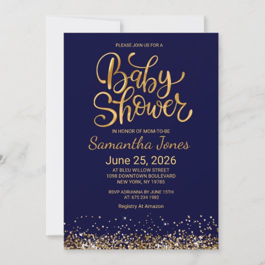 Navy Blue and Gold Baby Shower Invitation Einladung (Vorderseite)