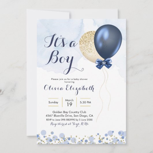 Navy Blue and Gold Balloon Baby Showdusche Einladung (Vorderseite)