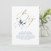 Navy Blue and Gold Bow Boy Baby Shower Einladung (Stehend Vorderseite)