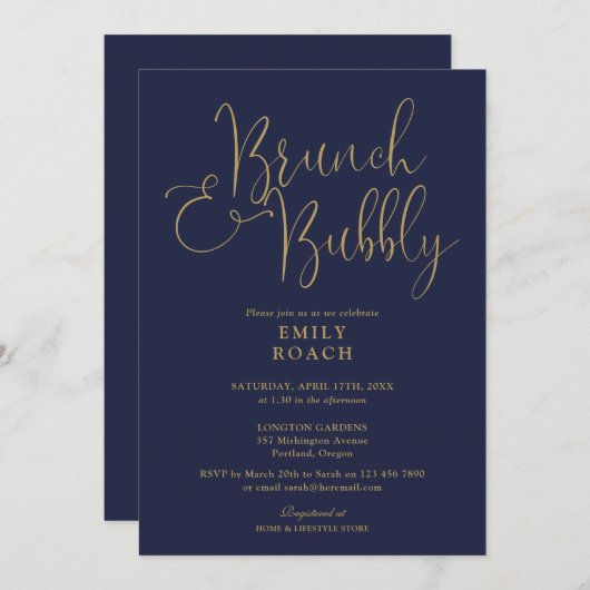 Navy Blue and Gold Brunch and Bubbly Brautparty Einladung (Vorne/Hinten)