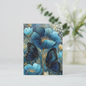 Navy Blue and Gold Butterfly with Teal Flower Postkarte (Stehend Vorderseite)