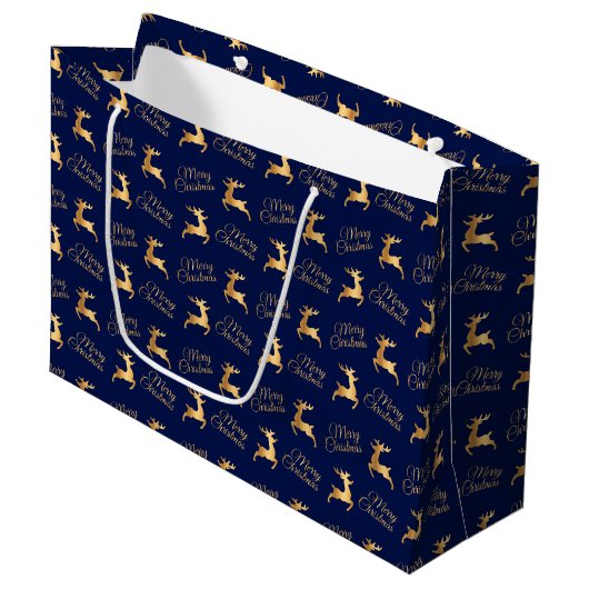 Navy Blue and Gold Christmas Reindeers Große Geschenktüte (Vorderseite Schrägansicht)