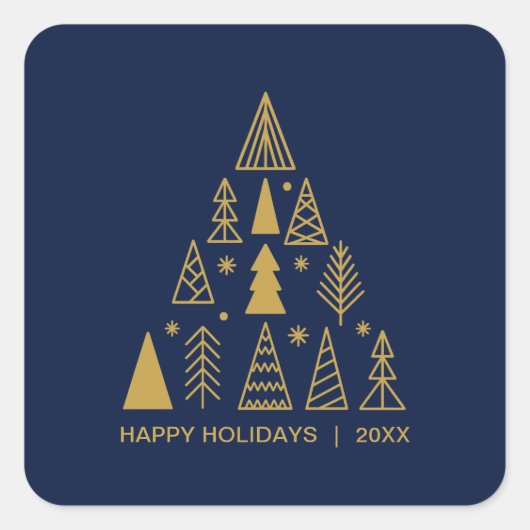 Navy Blue and Gold Christmas Tree | Holiday Quadratischer Aufkleber (Vorderseite)