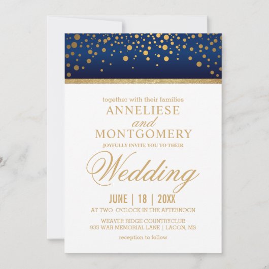 Navy Blue and Gold Confetti Dots - Einladung (Vorderseite)