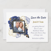 Navy Blue and Gold Floral Foto Save the Date (Vorderseite)