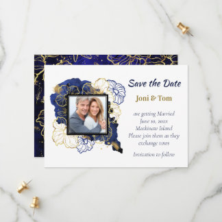 Navy Blue and Gold Floral Foto Save the Date