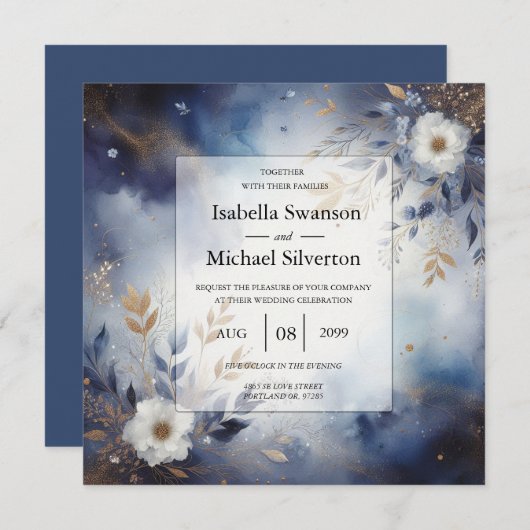 Navy Blue and Gold Floral Wedding  Einladung (Vorne/Hinten)