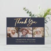 Navy Blue and Gold Foto Collage Abschluss Dankeskarte (Stehend Vorderseite)