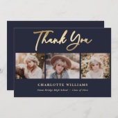 Navy Blue and Gold Foto Collage Abschluss Dankeskarte (Vorne/Hinten)