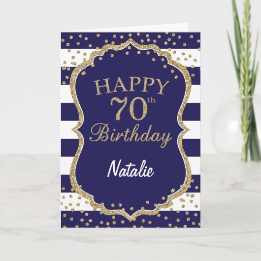 Navy Blue and Gold Glitter 70th Birthday Card Karte (Vorderseite)
